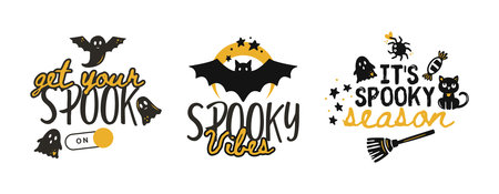Halloween Party Bat Ghost Whimsical Kids Print Text Banner Text Happy Halloween Vector T-Shirt Poster Setのイラスト素材