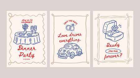 Doodle Wedding Sketch Card Set Love Romantic Hand Drawn Chalk Greeting Banner Vintage Vector Save The Date Party Event Ring Engagement Wedding Dinner Collectionのイラスト素材