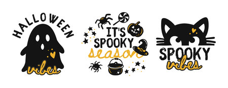 Halloween Party Cat Ghost Whimsical Kids Print Text Banner Text Happy Halloween Vector T-Shirt Poster Setのイラスト素材