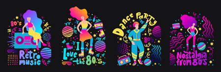 Retro Music Party Poster Print 80s 90s Neon Background Girl With Boombox Print Set Happy Pop Dance...