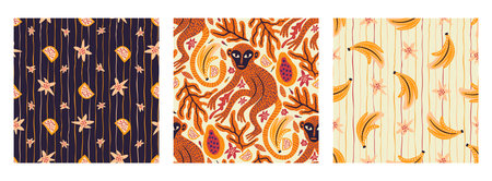 Monkey, Banana, Papaya and Whimsical Exotic Flowers Tropical Seamless Pattern Set Rainforest Boho...