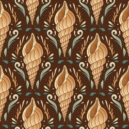 Vintage Boho Shell Seamless Pattern Seashell Ornamental Sea Motif Decorative Coastal Textile Vector Backgroundのイラスト素材