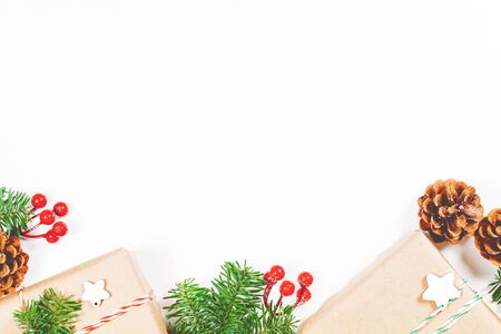 Winter background. Christmas and New Year decorations on white. Soft focus, flat lay, copy space.の写真素材
