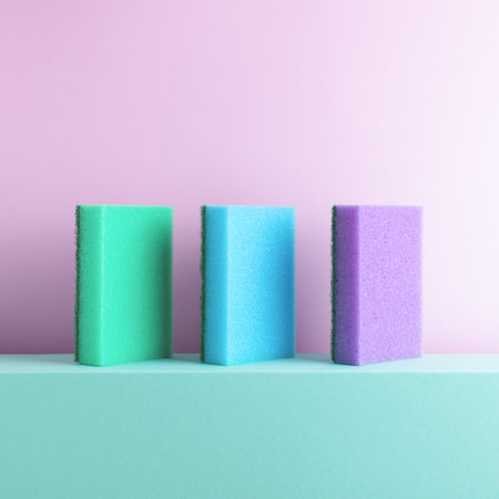 Decorative composition with colourful foam kitchen sponges in a raw. Pastel colors, abstract square background, cleaning concept.の写真素材