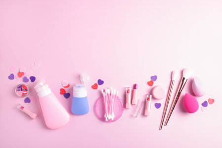 Cute glamour self care cosmetics flatlay with teenage girl cosmetology and makeup accessories arranged on pastel pink background. Top view, copy space.の写真素材