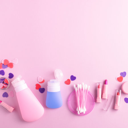Self care and makeup products on bright pink background with copyspace. Flatlay, square composition.の写真素材