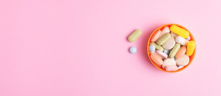Colourful pills, tablets, capsules, vitamins and dietary supplements of different shape, size and...