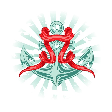 Vector illustration in tattoo style. Anchor with red ribbon.のイラスト素材