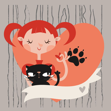 Girl with her cat card/background template with place for your text.のイラスト素材