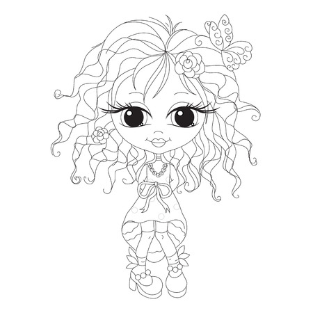 Outlined romantic girl. Vector coloring page. Isolated.のイラスト素材