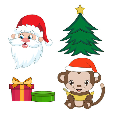 Christmas clip-art set in cartoon style. Year of the monkey. のイラスト素材