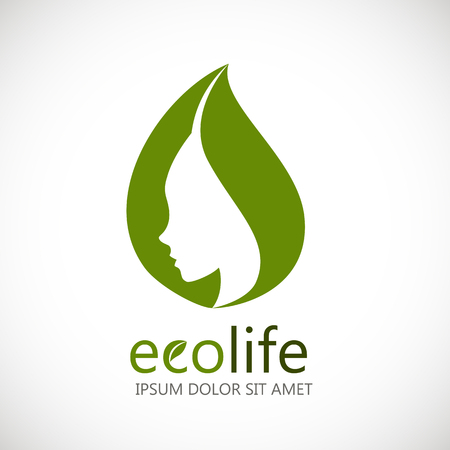 Beautiful woman\'s profile inside the green leaf. logo design template. Abstract design concept for beauty salon, massage, cosmetic and spa, healthy life.のイラスト素材