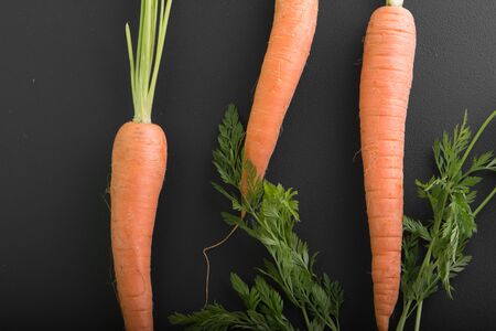 Ripe fresh carrots with greens on a black background.の写真素材