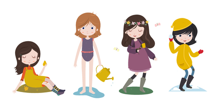 Cute cartoon girls and the four seasons. Futumn, summer, spring and winter. Stylized characters set. Vector illustration isolated on white background.のイラスト素材