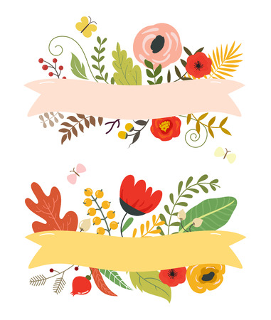 Flowers and leaves, floral elements and ribbon with place for your text.のイラスト素材