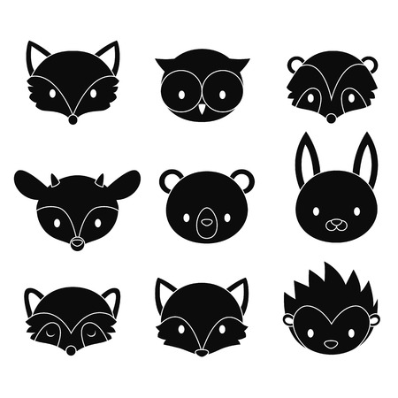 Set of cartoon black and white woodland animals heads.のイラスト素材