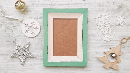 Christmas background with empty frame and decorations.の写真素材