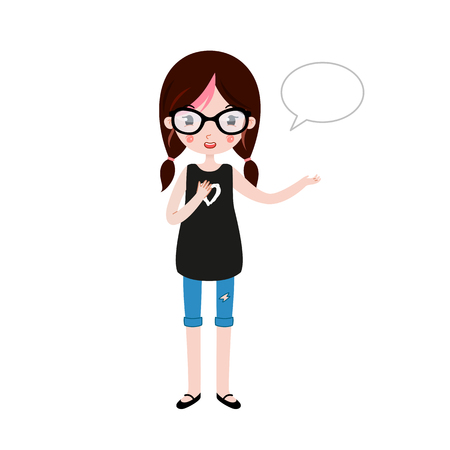 Cute teen girl with empty frame. Place for your text. Adorable vector character.のイラスト素材