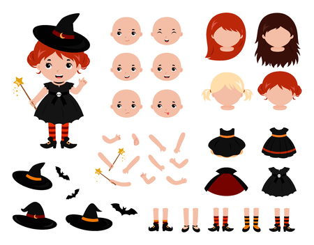 Adorable little witch character constructor. Halloween. Vector illustration isolated on white background.のイラスト素材