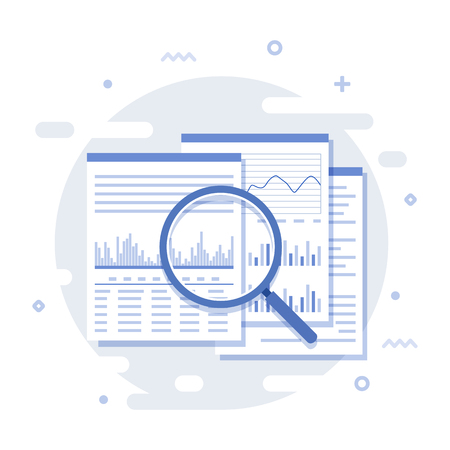 Business data analysis icon isolated on white background. Vector illustration. Documents with charts, reports, graphics. Modern flat style.のイラスト素材