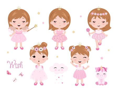 Vector cute little baby girl dressed as princess. Baby princess set. Vector little baby girl with magic wand. Vector illustration isolated on white background.のイラスト素材