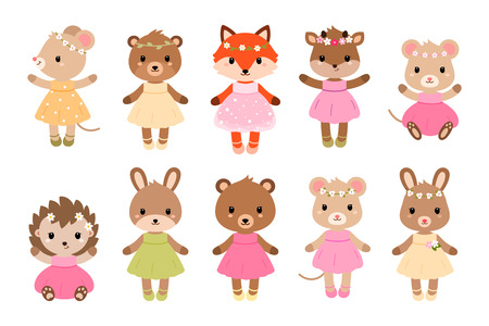 Cute dressed woodland animals in modern flat style. Vector illustration isolated on white background.のイラスト素材