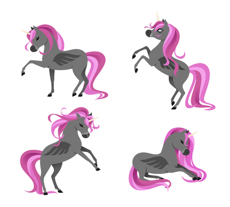Cute dark tattooed unicorns set isolated on white background. Vector illustration.のイラスト素材