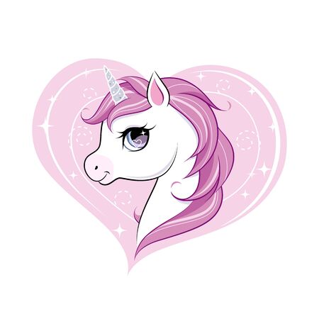 Cute little unicorn character over pink heart shape background. Vector illustration isolated on white background.のイラスト素材