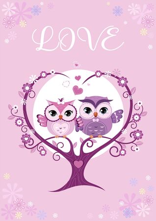Owls couple in love sitting on a tree branch. Template for poster, card, your design. Vector illustration.のイラスト素材