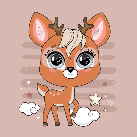 Adorable little deer character over background with decorative elements. Vector.のイラスト素材