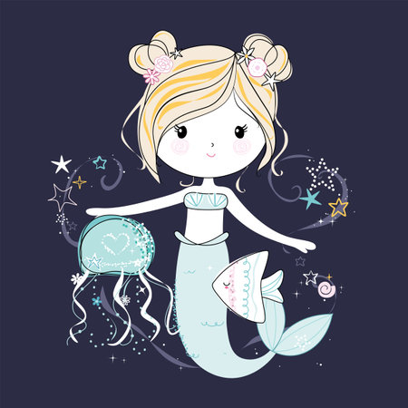 Cute mermaid with sea friends. Kids illustration on dark background. Vector.のイラスト素材