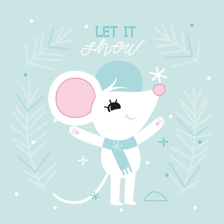 Festive background with cute mouse. Card for winter holidays. Vector cartoon illustration.のイラスト素材