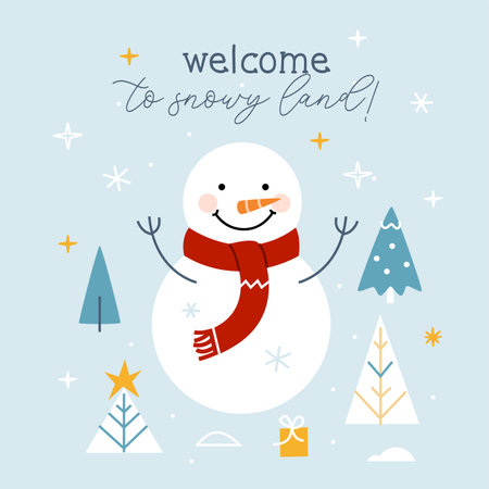 Festive background with cute Snowman. Card for winter holidays. Vector cartoon illustration.のイラスト素材