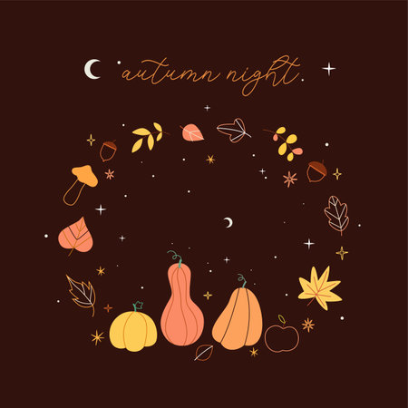 Card, banner or poster flat vector template on Autumn Night. Colorful leavesのイラスト素材