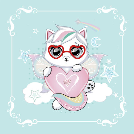 Cute cat with rainbow hair and wings.のイラスト素材