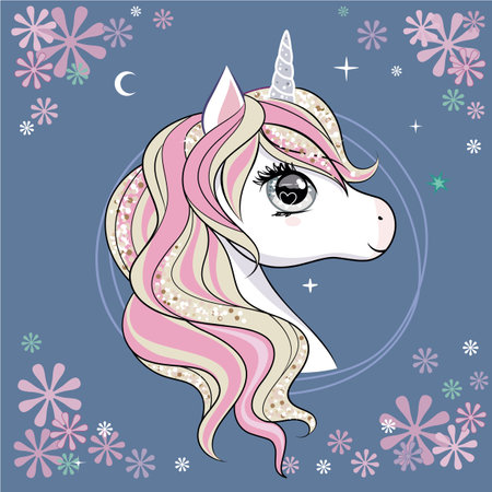 Unicorn head in wreath of flowers.のイラスト素材