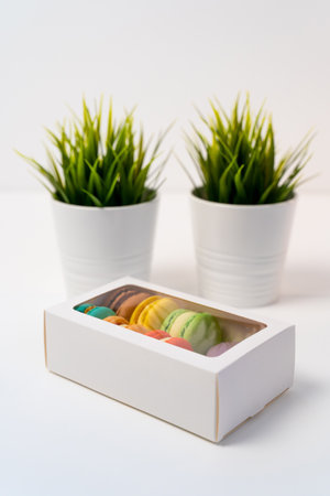 Opened Box of Macarons on a white table against the backdrop of a decorative flower in a pot.の写真素材