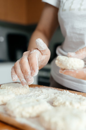 Womens hands mold delicious cheesecakes. Womens hands with flour close-up.の写真素材