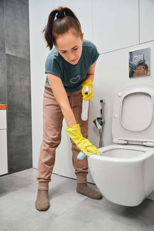 A woman wipes a toilet bowl with a rag. Toilet cleaning and disinfection.の写真素材