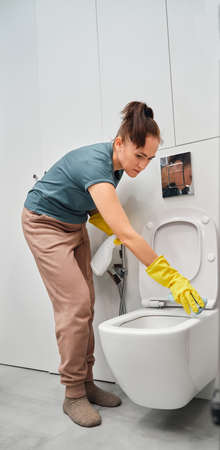 A woman in yellow rubber gloves wipes the toilet bowl with a rag. Toilet cleaning and disinfection.の写真素材
