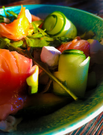 Salad of vegetables, herbs and fish. Healthy food.の写真素材