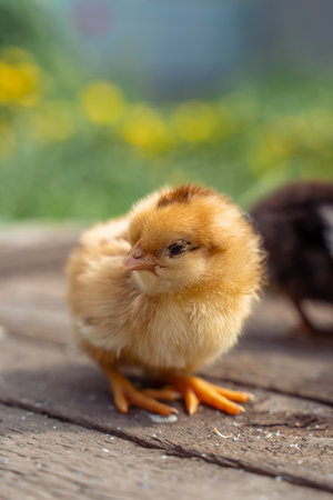 Newborn Tiny Hundred Chick on wooden boards.の写真素材