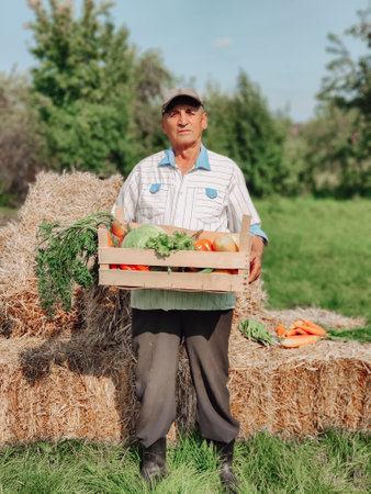 An elderly man on the background of a stack of straw holds a wooden box with vegetables.の写真素材