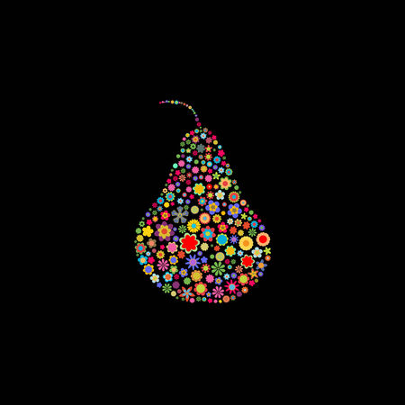 Vector illustration of pear shape made up a lot of  multicolored small flowers on the black backgroundのイラスト素材