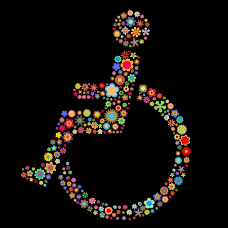 Vector illustration of  handicap sign  shape  made up a lot of  multicolored small flowers on the black backgroundのイラスト素材