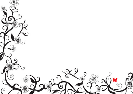 Vector illustration of funky floral black and white background. Decorated with red butterfly.のイラスト素材