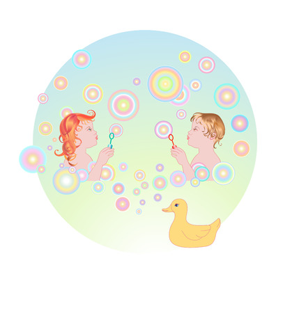 Vector illustration of Young girl and boy blowing bubblesのイラスト素材