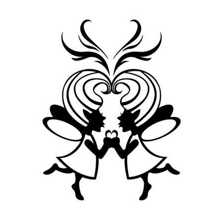 Vector  Illustration Silhouette of two simmetric fairies with magic heart on the middle.のイラスト素材