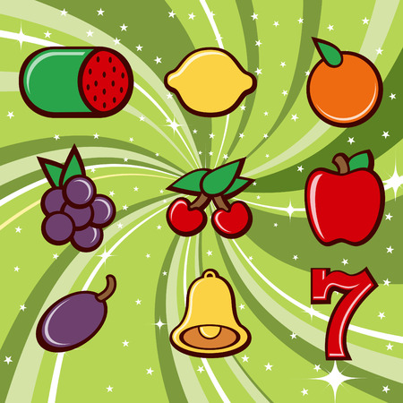 Vector illustration of casino items icon set on the beautifull background decorated with stars and waves.のイラスト素材