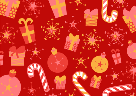 Vector illustration of christmas background. Includes present boxes, candies, flakes and christmas...